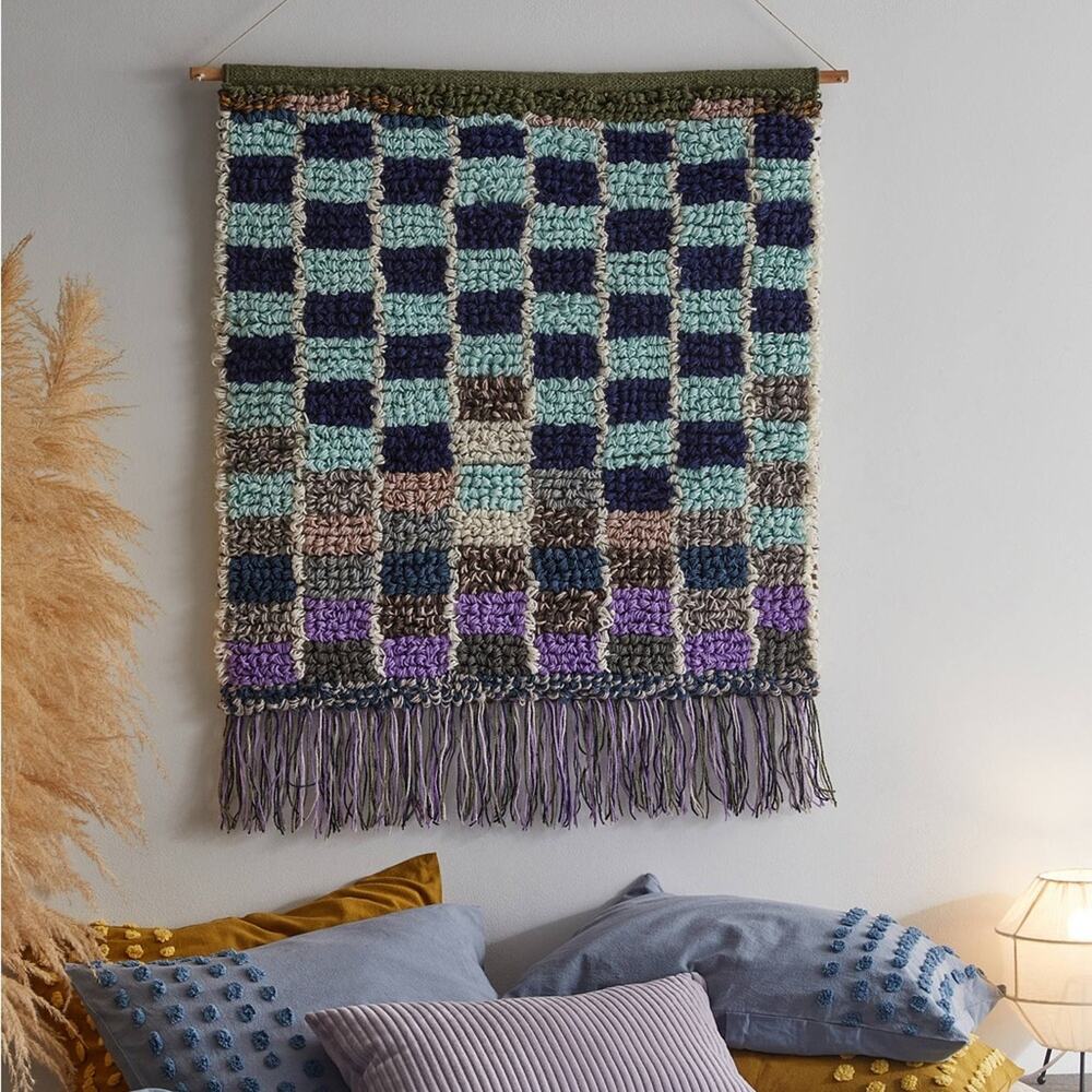 Large Urban Outfitters Queen of Hearts Checkerboard Looped Shag Tapestry
